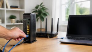 Fiber gateway, router, Ethernet-connected laptop, and technician hand plugging in cable for broadband testing