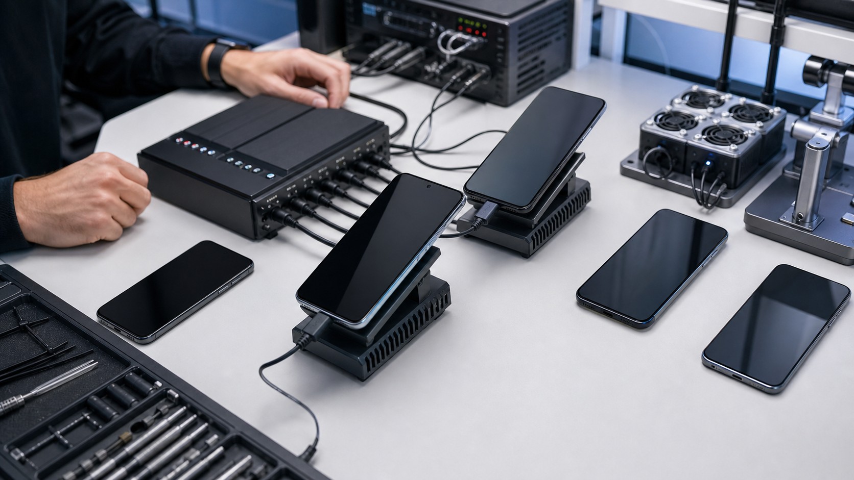 Unbranded smartphones on cooling stands and test equipment in a clean review lab