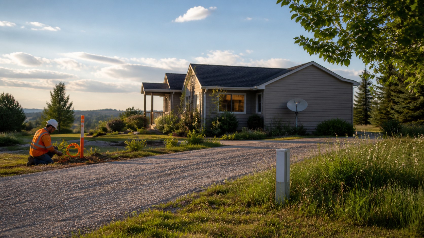 Rural home with satellite dish and nearby fiber conduit work along a driveway