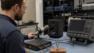 Acoustic and electronics lab with speaker, microphone, tuning fork, and blank analyzer.