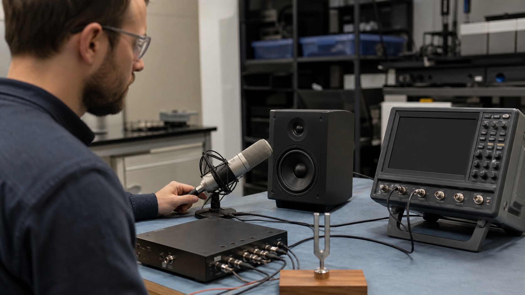 Acoustic and electronics lab with speaker, microphone, tuning fork, and blank analyzer.