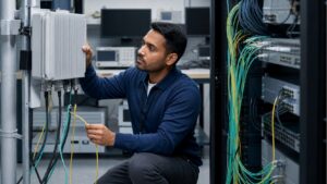 Telecom lab with unbranded 5G radio unit, fiber cabling, and server equipment.