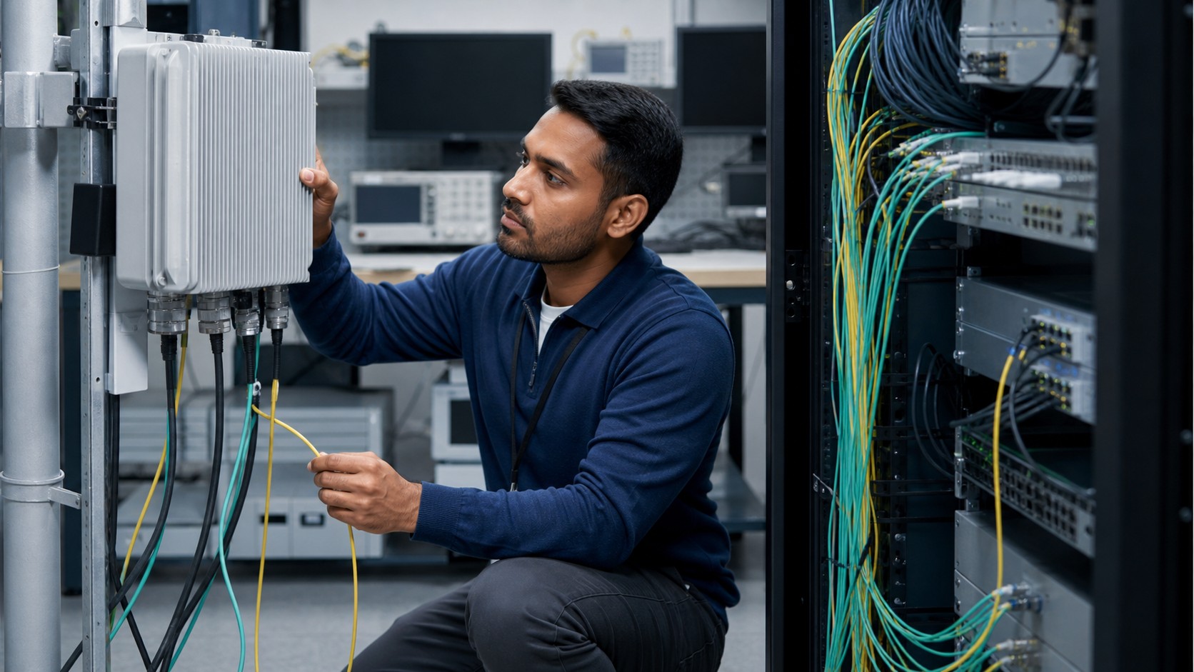 Telecom lab with unbranded 5G radio unit, fiber cabling, and server equipment.