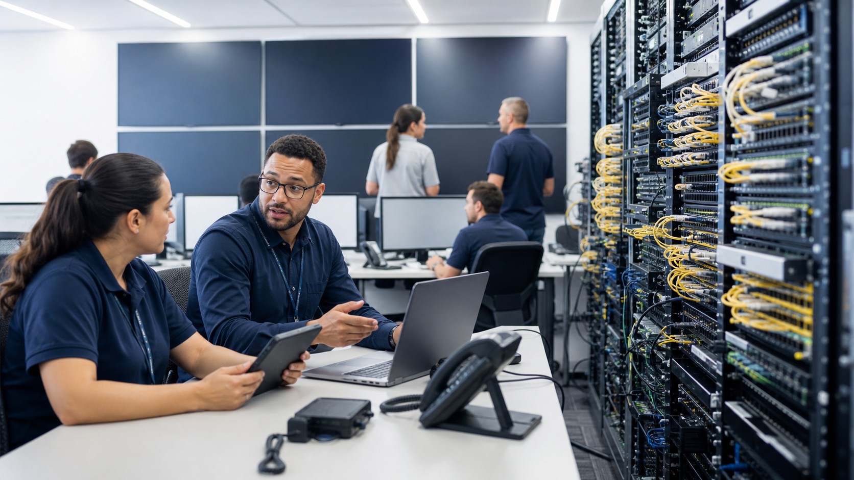 Carrier network operations center with engineers, fiber racks, blank displays, and unbranded workflow devices