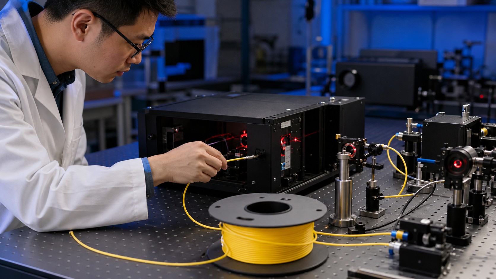 Researcher connecting yellow fiber to plain optical module in quantum communication lab