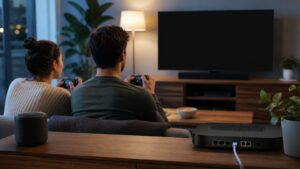 Fiber gateway and home gaming setup with blank television screen and unbranded equipment.