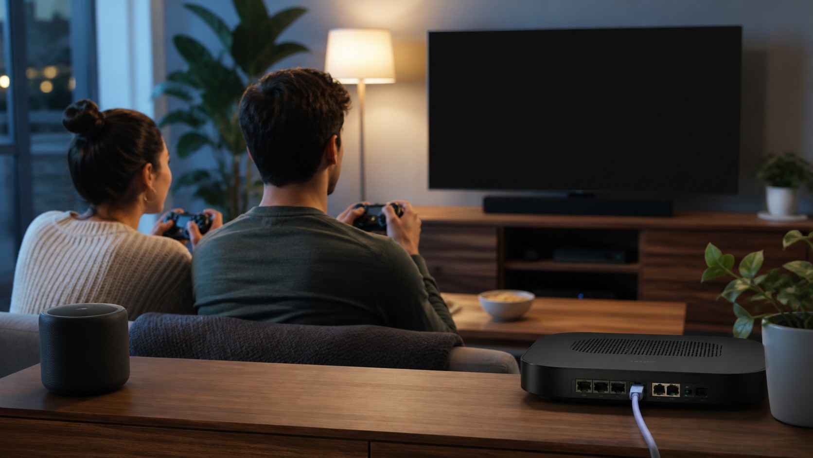 Fiber gateway and home gaming setup with blank television screen and unbranded equipment.