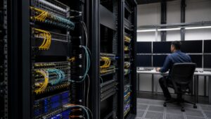 Unbranded carrier network equipment and fiber patching in a network operations room