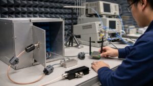 RF test lab with shielded enclosure, coax cables, filters, radio module, and blank test instruments