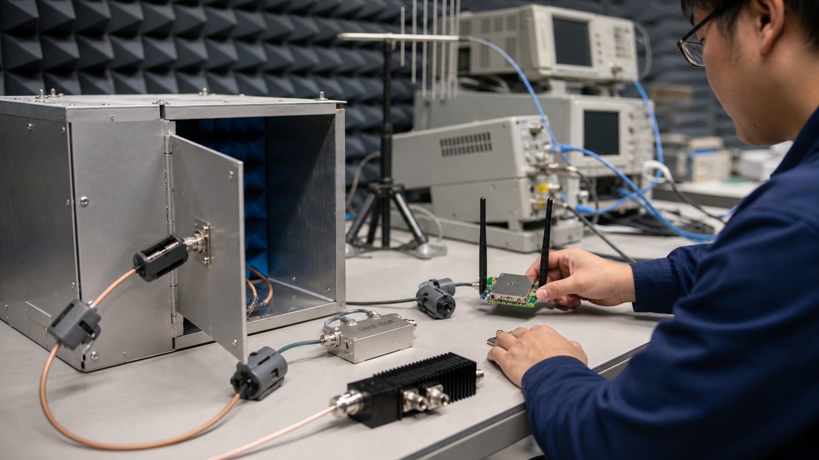 RF test lab with shielded enclosure, coax cables, filters, radio module, and blank test instruments