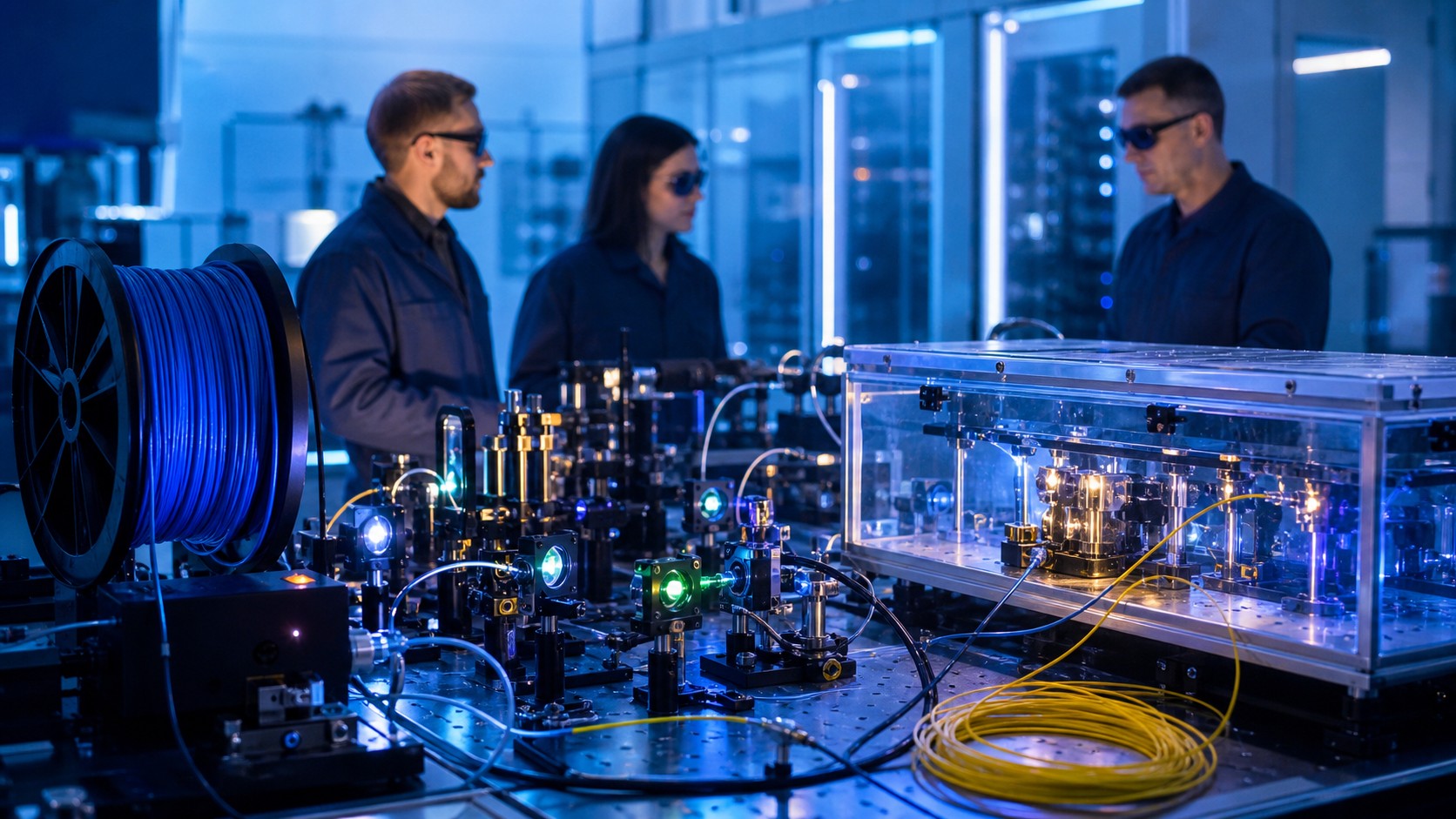 Secure research lab with optical table, fiber spools, photonics equipment, and staff observing quantum communication hardware