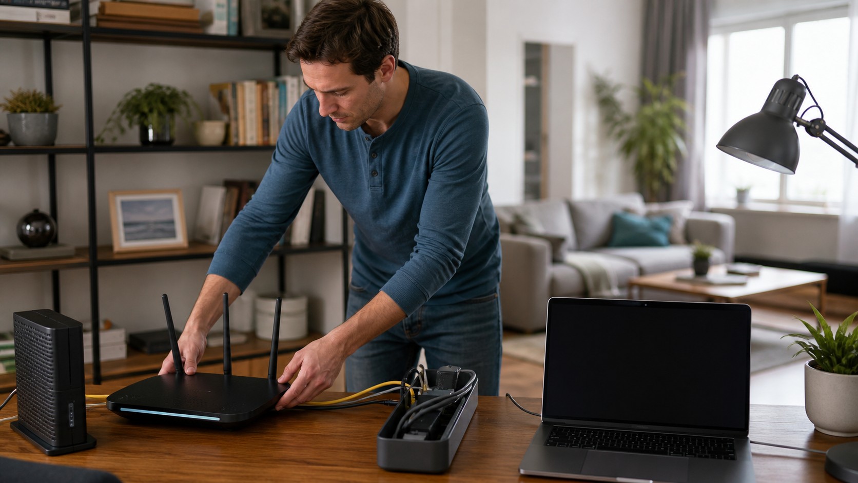 Home office Wi-Fi troubleshooting scene with router, modem, cables, and blank laptop screen.