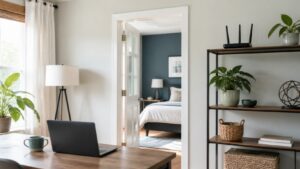 Unbranded Wi-Fi router placed high on an open shelf in a modern home interior