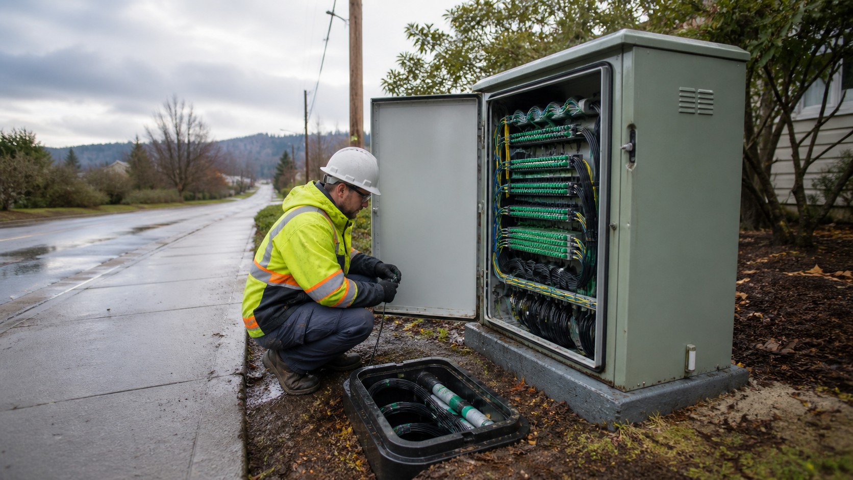 Technician inspecting a fiber distribution cabinet after rain near a roadside conduit path