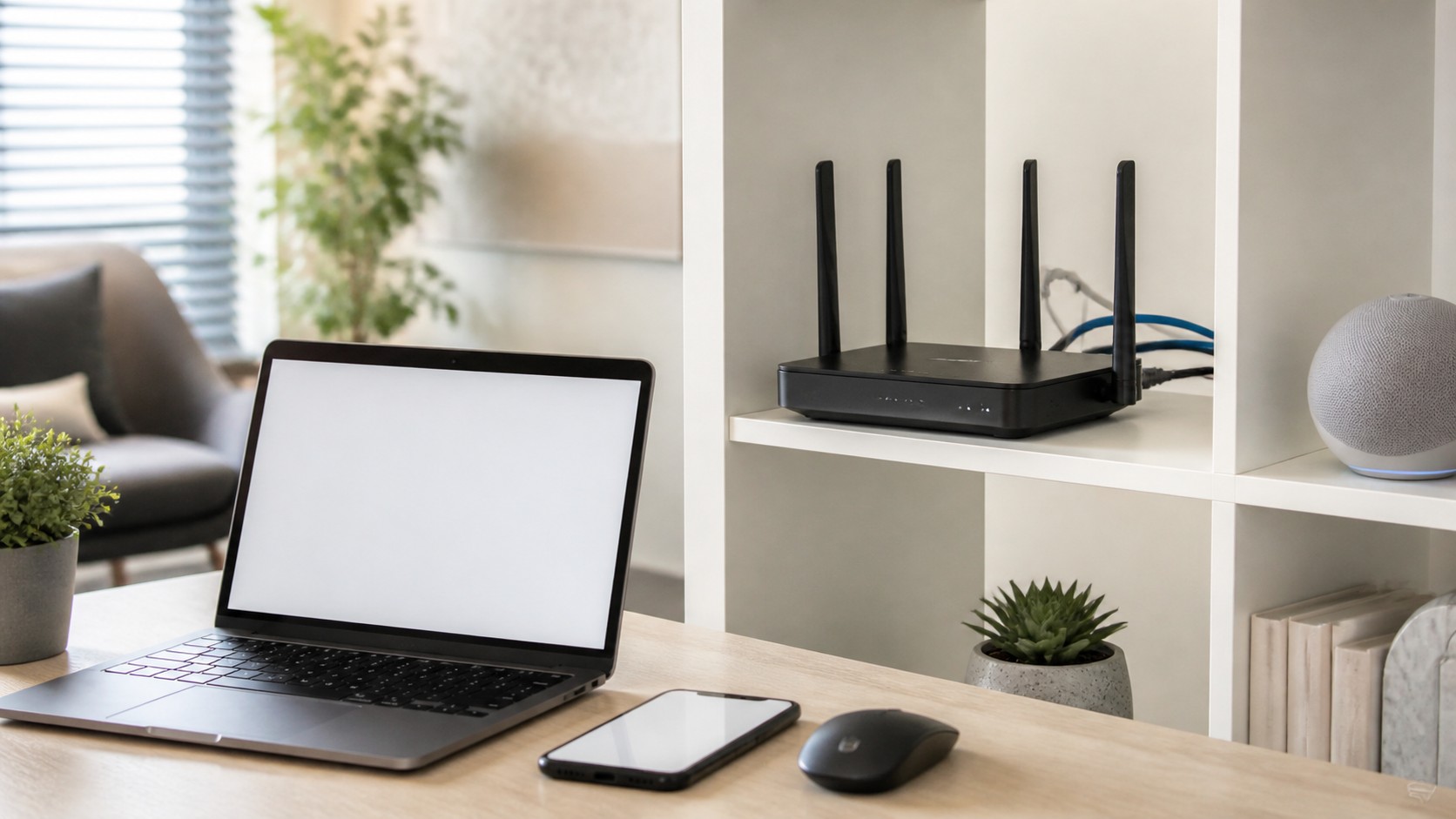 Home office with unbranded Wi-Fi router, laptop and phone with blank screens, smart speaker, and Ethernet uplink