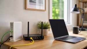 Home office fiber gateway, router, Ethernet cable, and laptop in a bright room