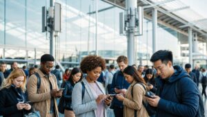 Global public transit hub with diverse smartphone users and cellular antenna infrastructure