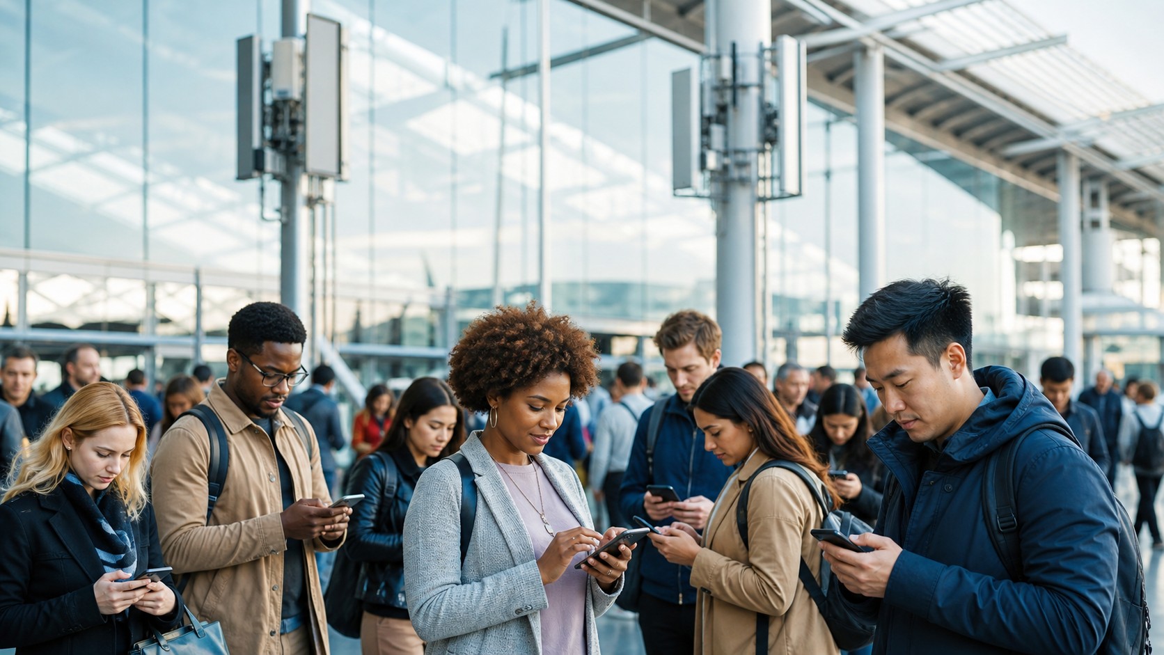 Global public transit hub with diverse smartphone users and cellular antenna infrastructure