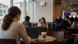 Person using a laptop in a busy public lounge with an unbranded access point nearby