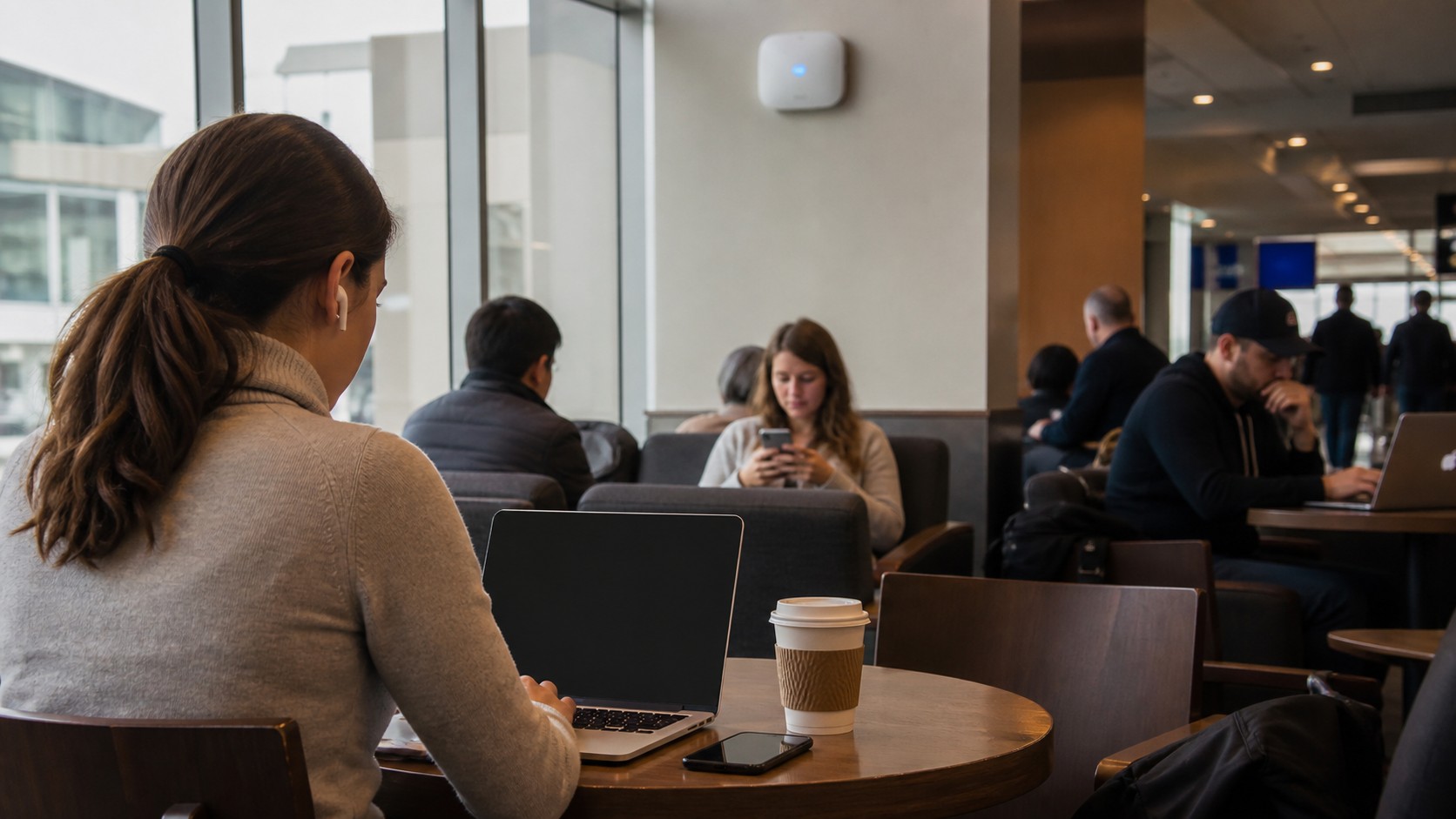 Person using a laptop in a busy public lounge with an unbranded access point nearby