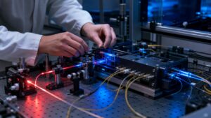 Photonics lab equipment with fiber optics and unbranded optical modules for quantum security testing