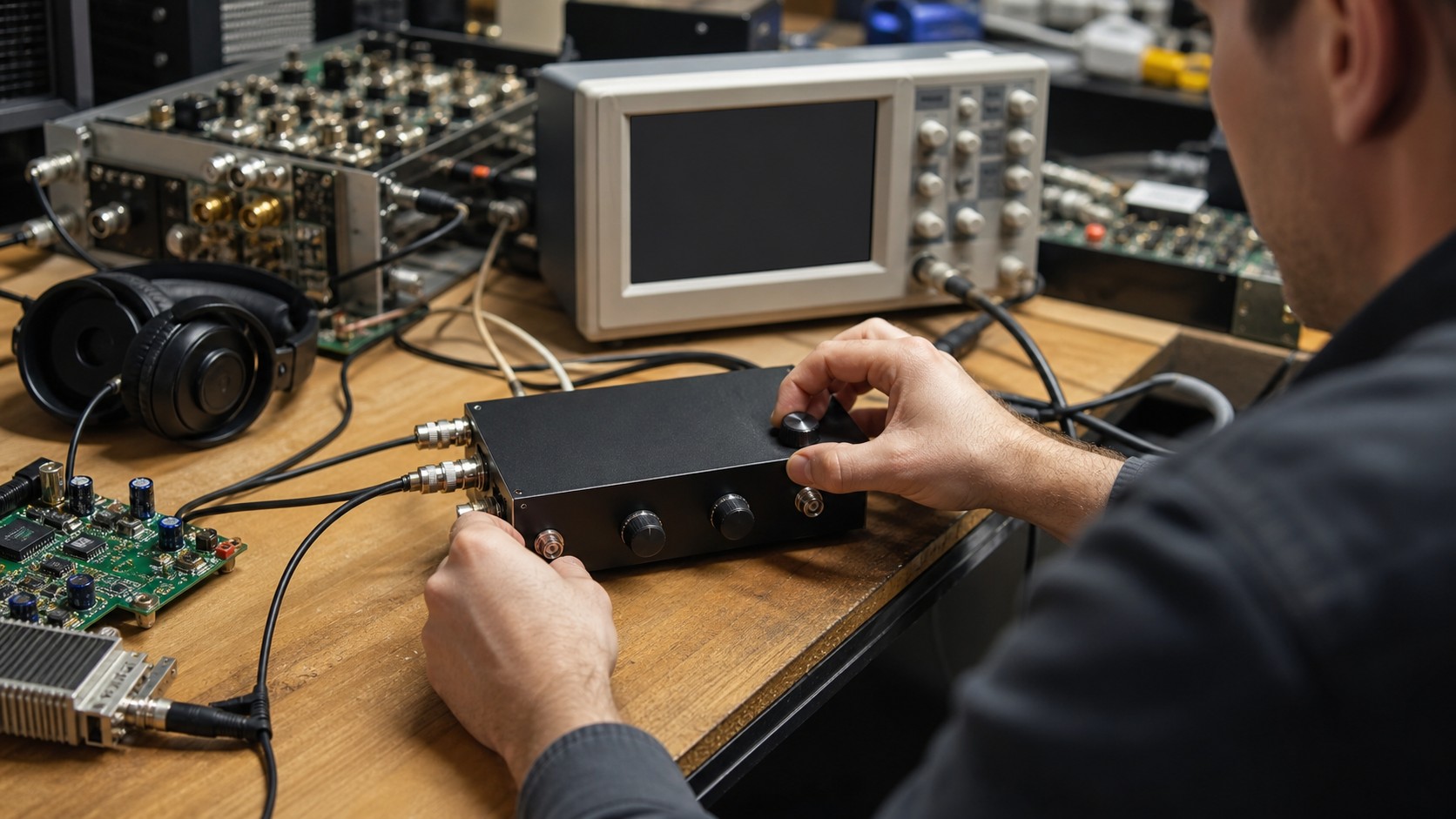 Unbranded electronics and audio test bench showing filter hardware and blank displays.
