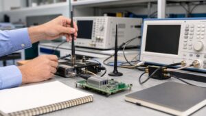 Wireless engineering lab bench with unbranded antennas, radio modules, coax cables, blank test instruments, and engineer hands