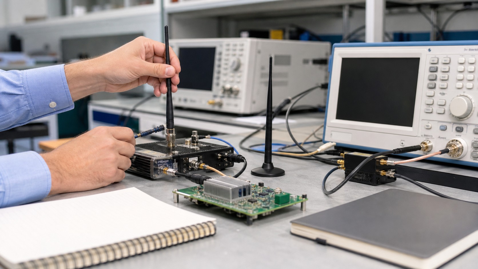 Wireless engineering lab bench with unbranded antennas, radio modules, coax cables, blank test instruments, and engineer hands