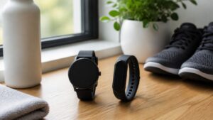 Generic smartwatch and slim fitness tracker with blank screens on a home workout desk