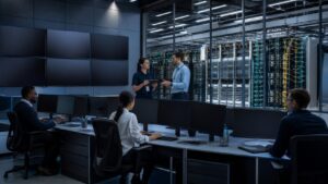 Network operations center with engineers, blank displays, and carrier-grade fiber infrastructure