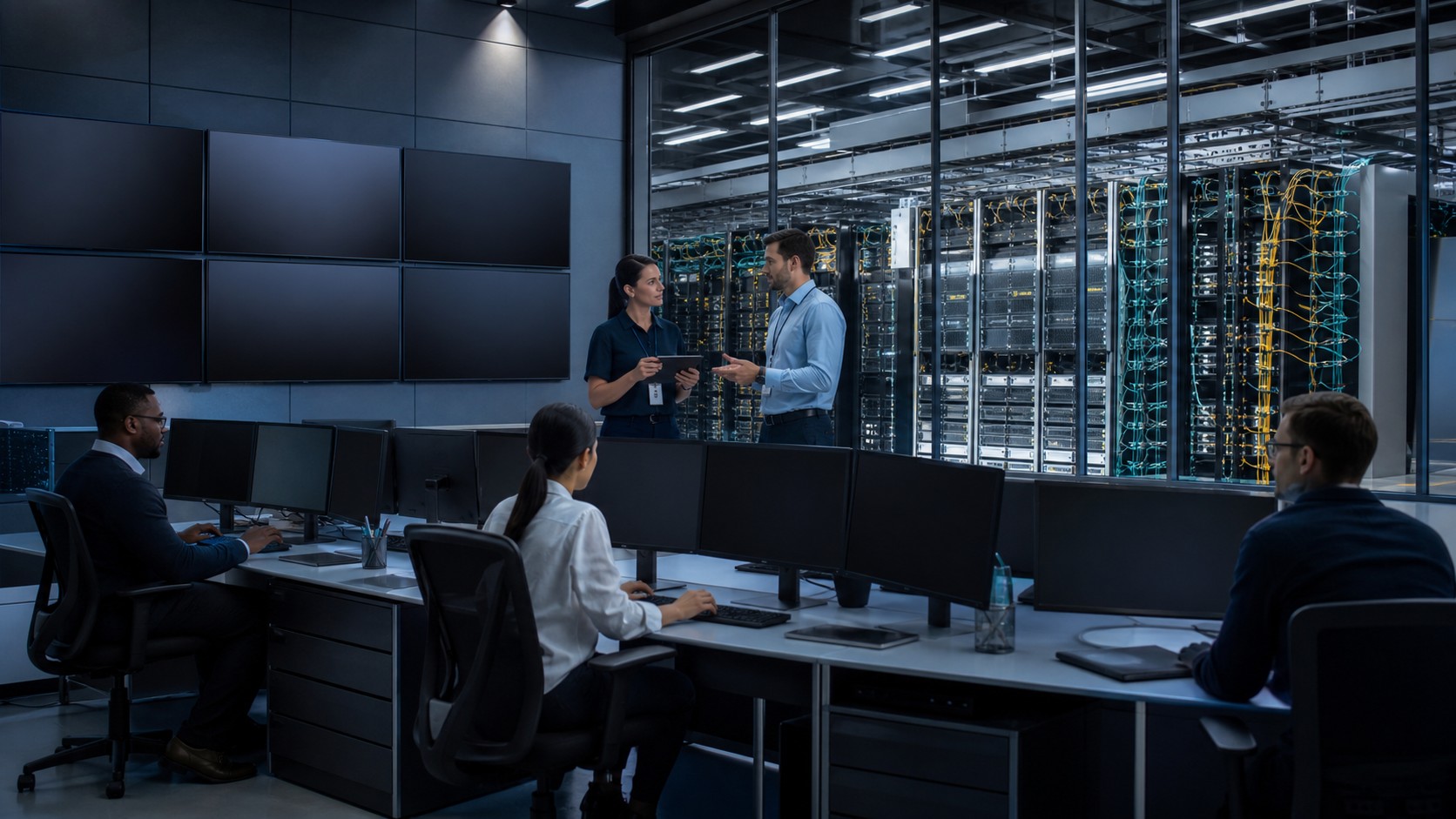 Network operations center with engineers, blank displays, and carrier-grade fiber infrastructure