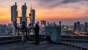 Rooftop telecom equipment overlooking a connected city skyline at dusk with no logos or readable screens.