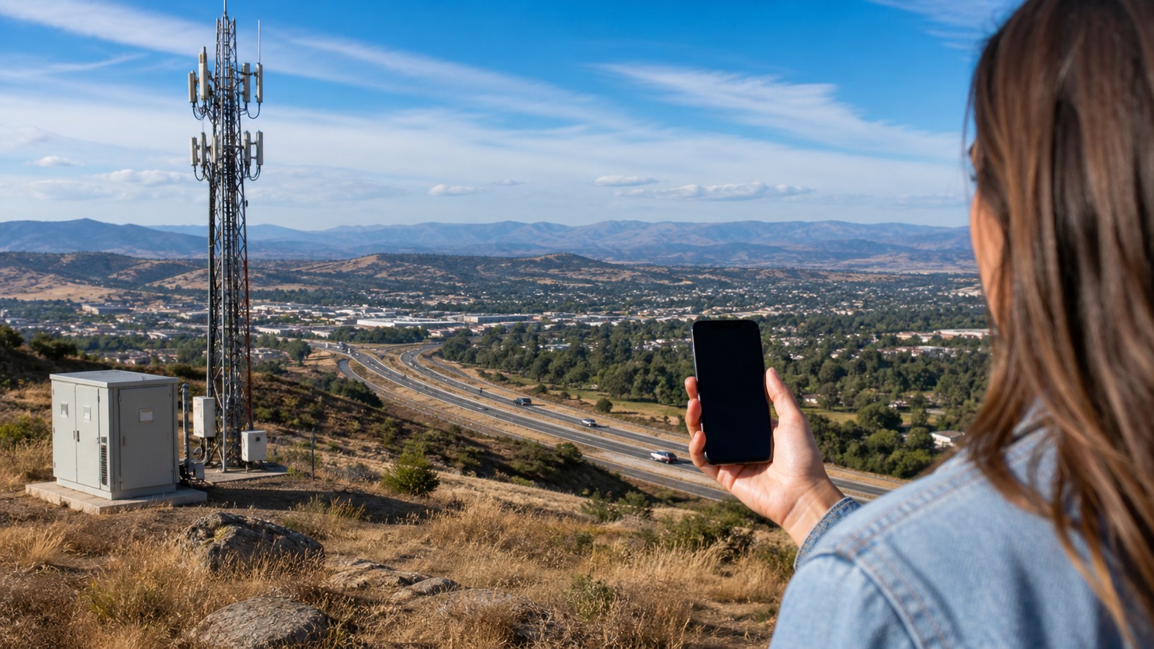 Generic cell tower above highway and town with person holding blank-screen smartphone