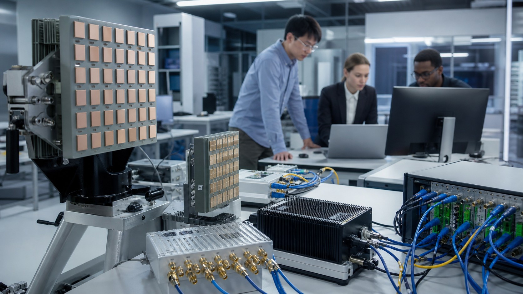 Unbranded next-generation wireless research lab with antenna prototypes, radio test gear, fiber patching, and engineers