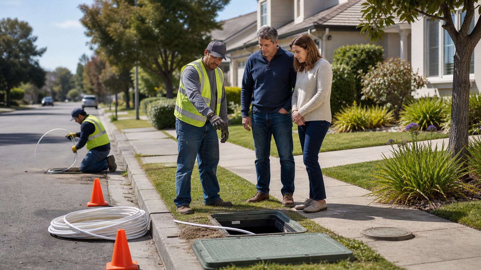 Residential fiber technician explaining a curbside conduit route to homeowners with unbranded equipment.