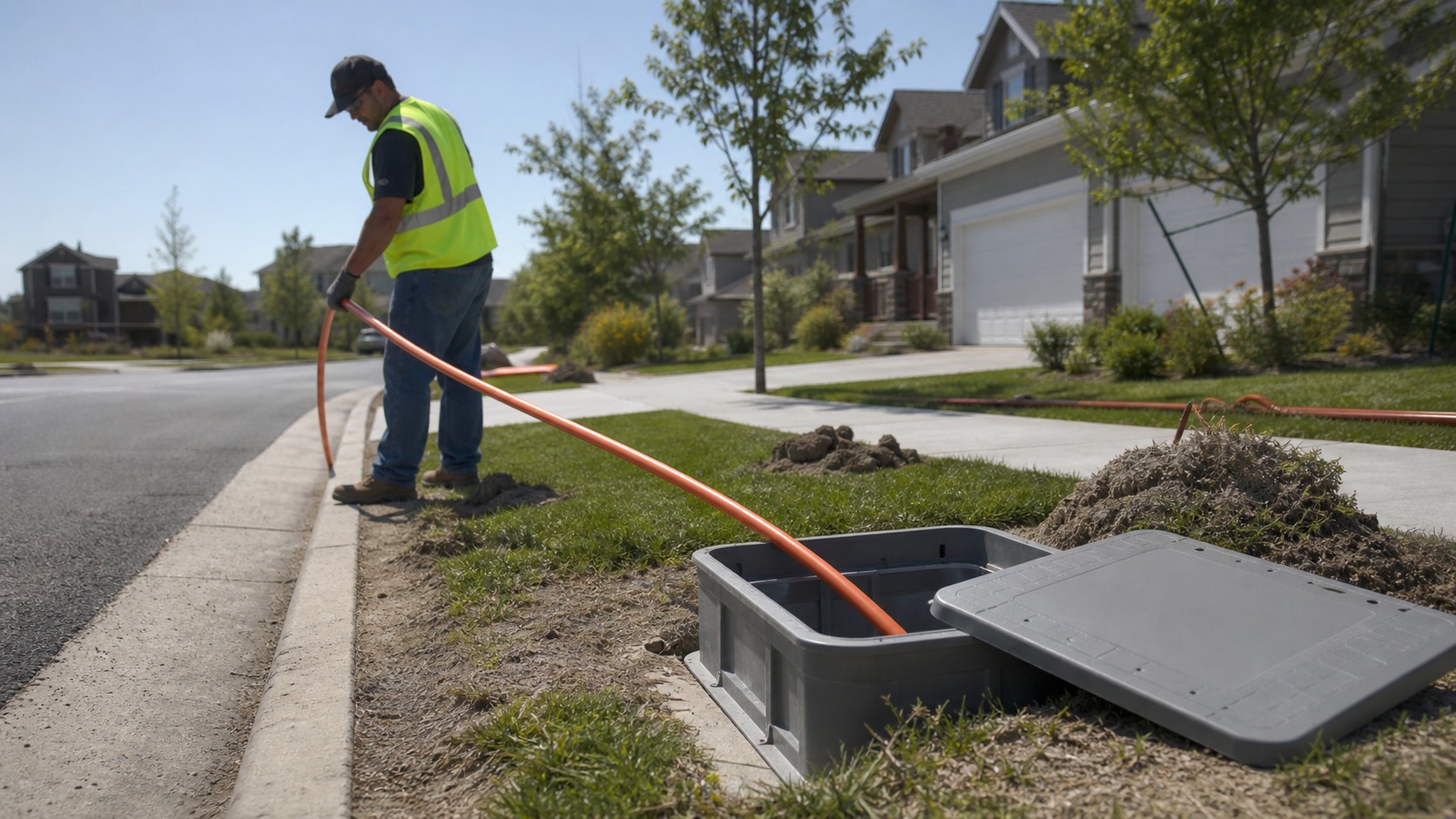 Technician pulling orange fiber conduit into a plain handhole on a suburban street