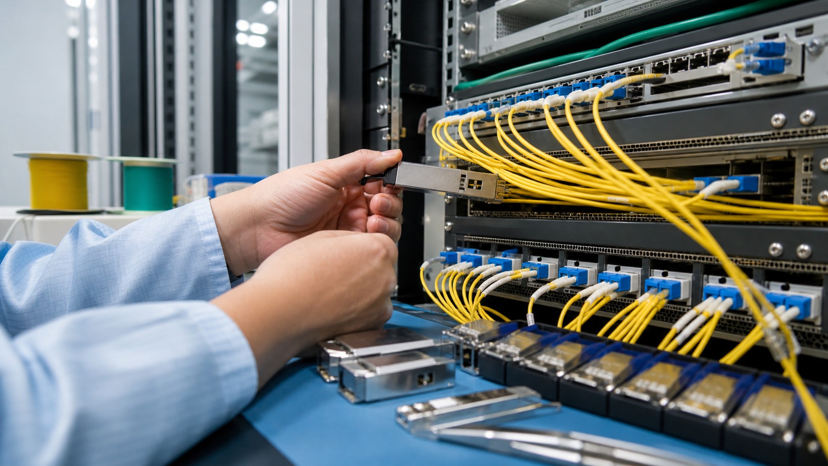 Engineer inserting unbranded coherent optical module near dense yellow fiber patching and rack equipment