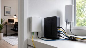 Unbranded fiber terminal, cable modem, and fixed wireless equipment in a modern home utility area