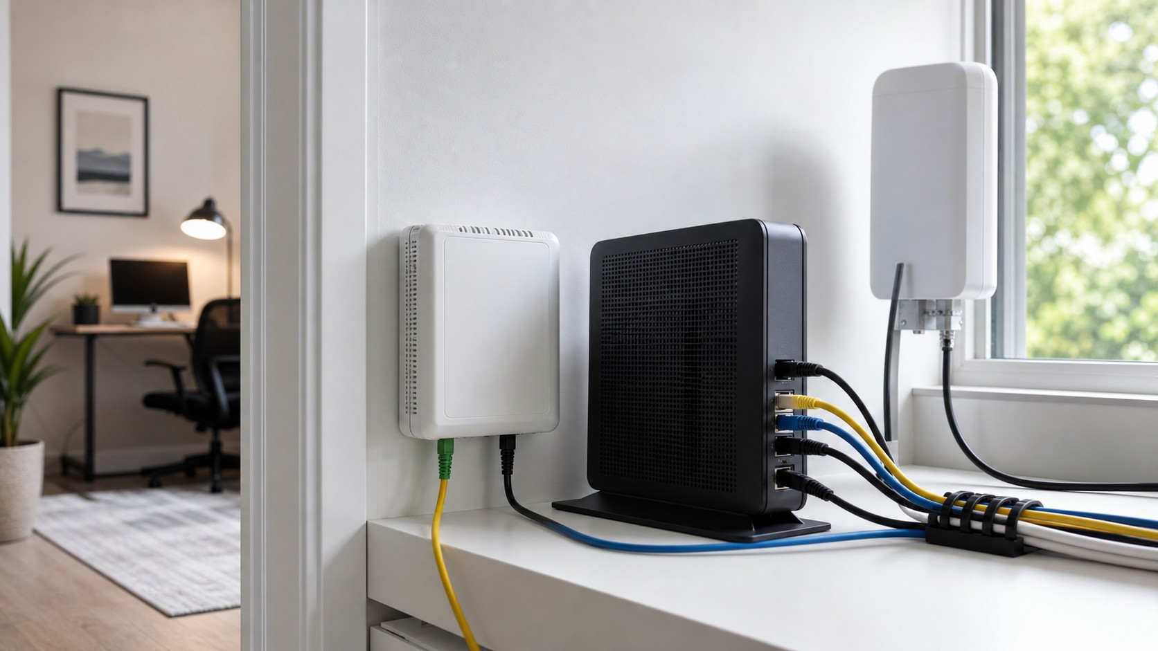 Unbranded fiber terminal, cable modem, and fixed wireless equipment in a modern home utility area