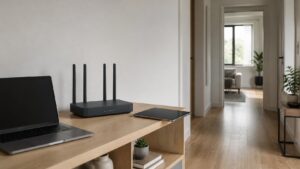 Plain unbranded router on a shelf with laptop and tablet near a hallway in a modern home