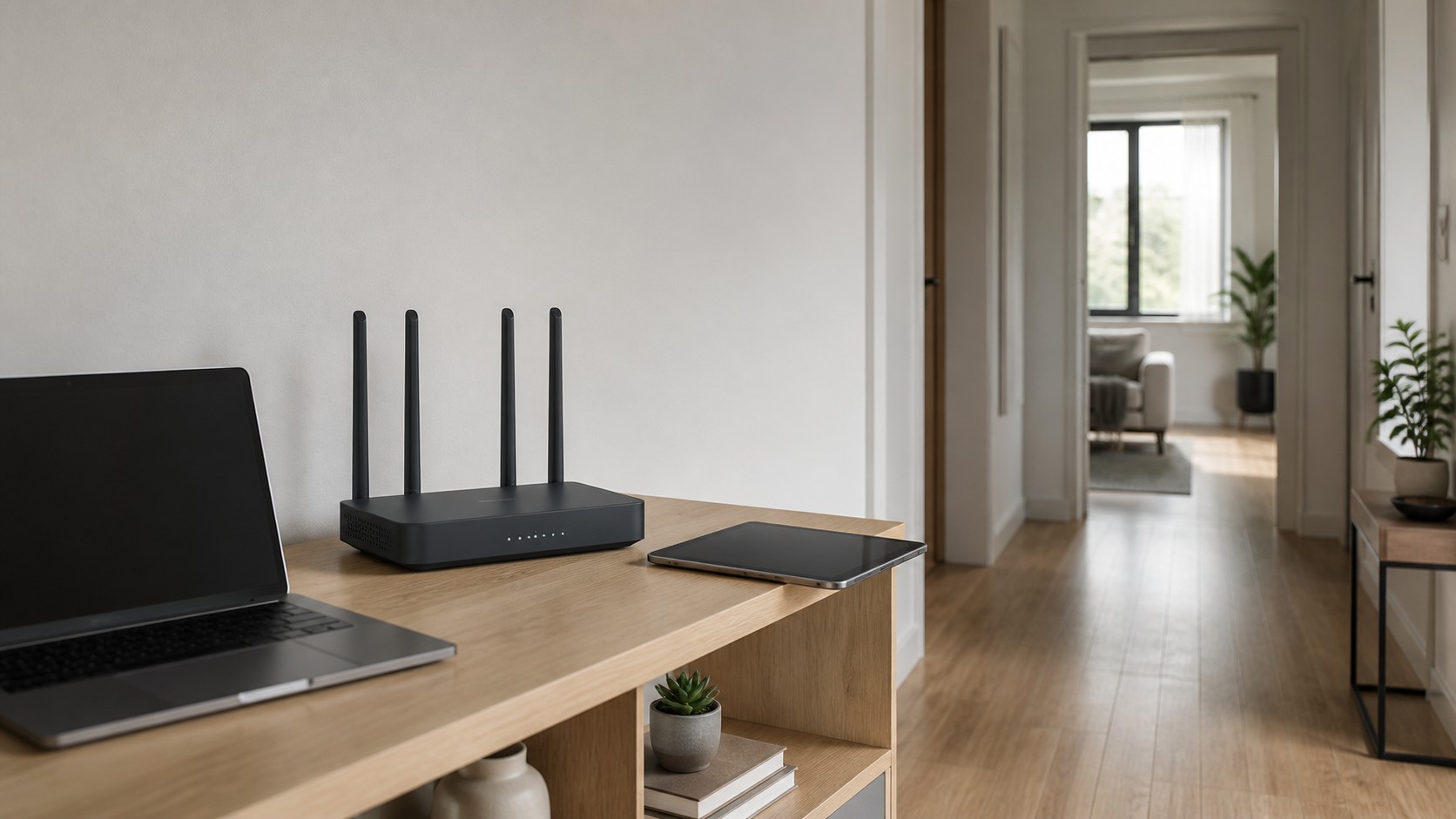 Plain unbranded router on a shelf with laptop and tablet near a hallway in a modern home