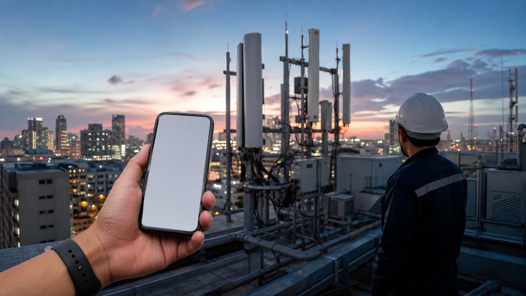 Smartphone held near rooftop cellular antennas with a technician overlooking network equipment