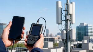 Technician holding unbranded smartphone and signal test device near cellular antenna equipment