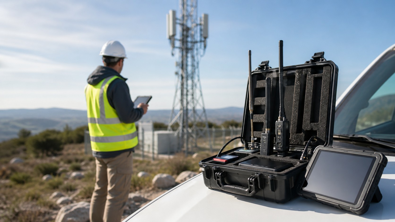 Technician using drive-test equipment and blank tablet near a cellular tower and service vehicle