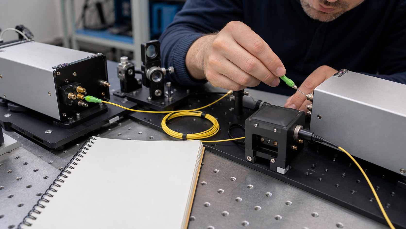 Technician aligning fiber between two unbranded optical modules on a quantum key distribution lab bench