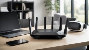 Premium unbranded next-generation router on a home office desk with modern devices