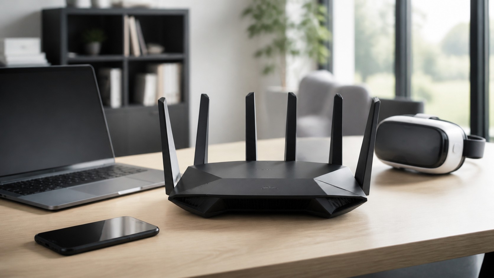 Premium unbranded next-generation router on a home office desk with modern devices