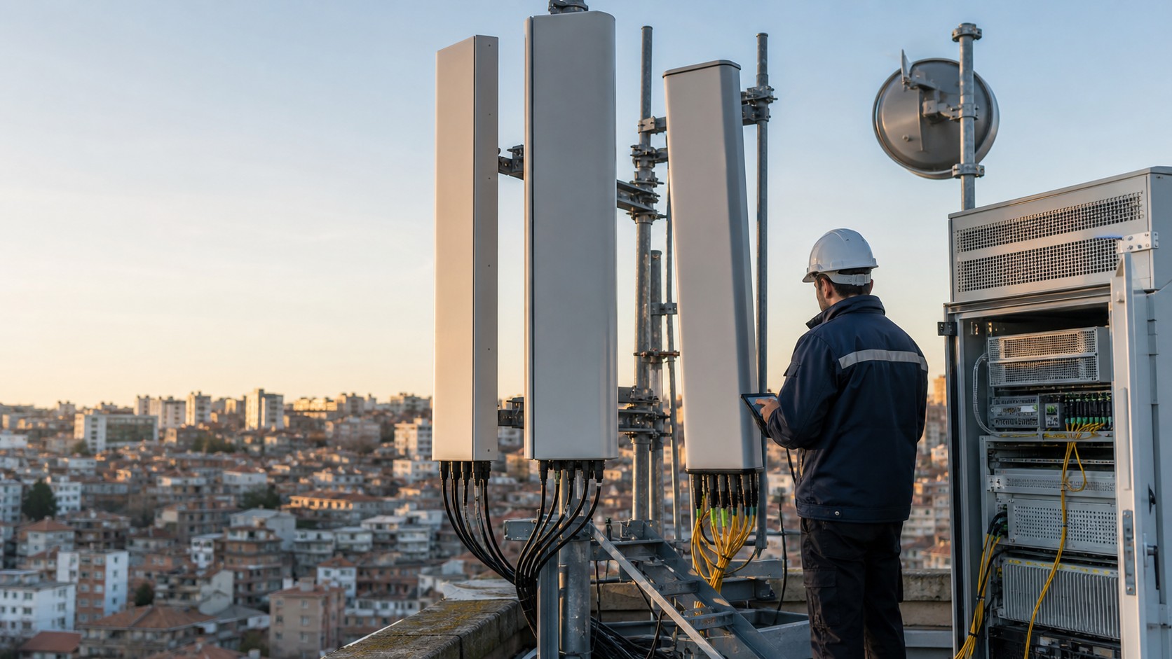 Rooftop cellular site with unbranded modern antenna panels and backhaul cabinet.