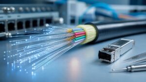 Glowing fiber-optic strands and unbranded optical networking equipment on a telecom lab bench