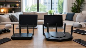 Two unbranded routers from different generations on a living room table with connected devices